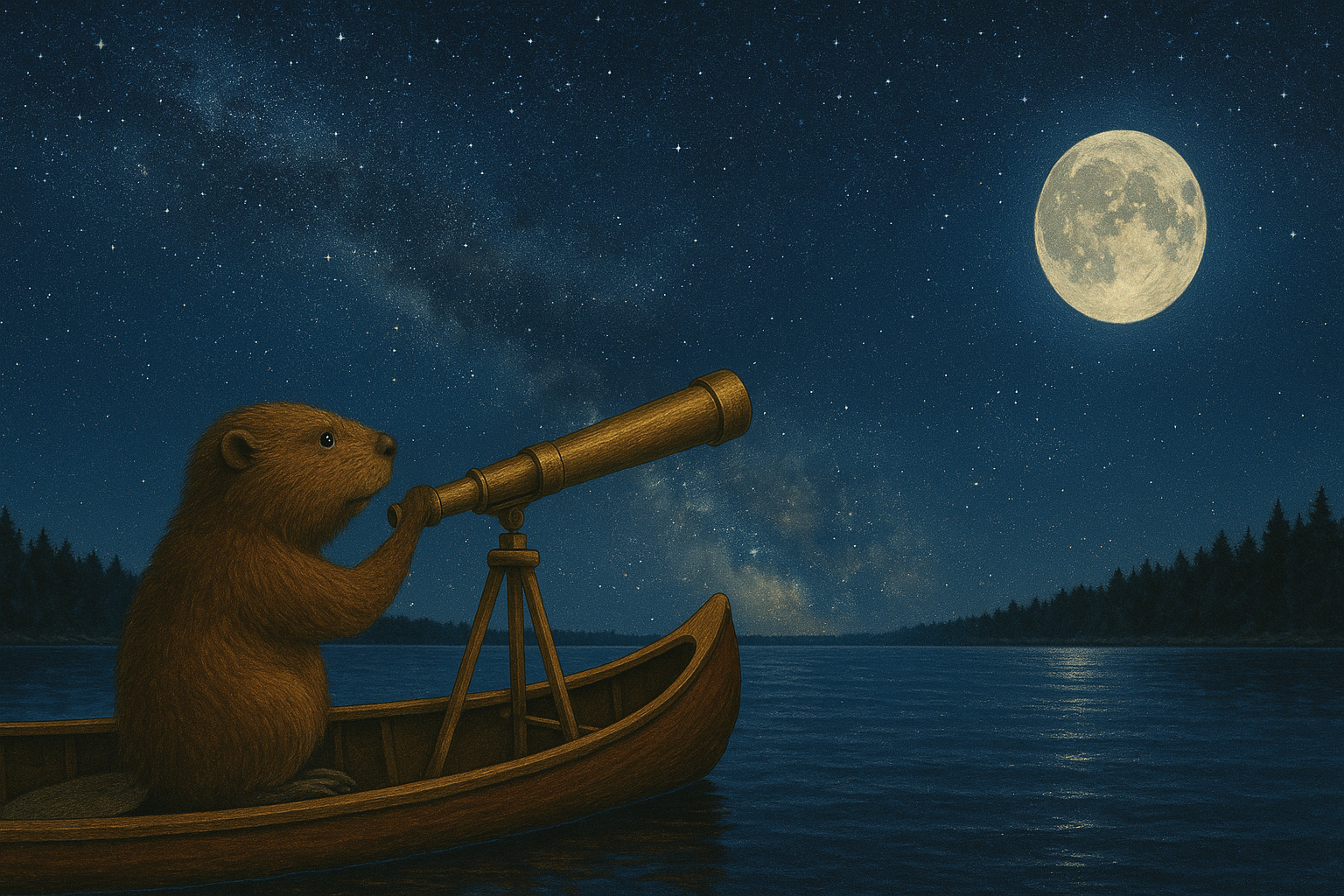 Beaver in a Canoe looking through a Telescope